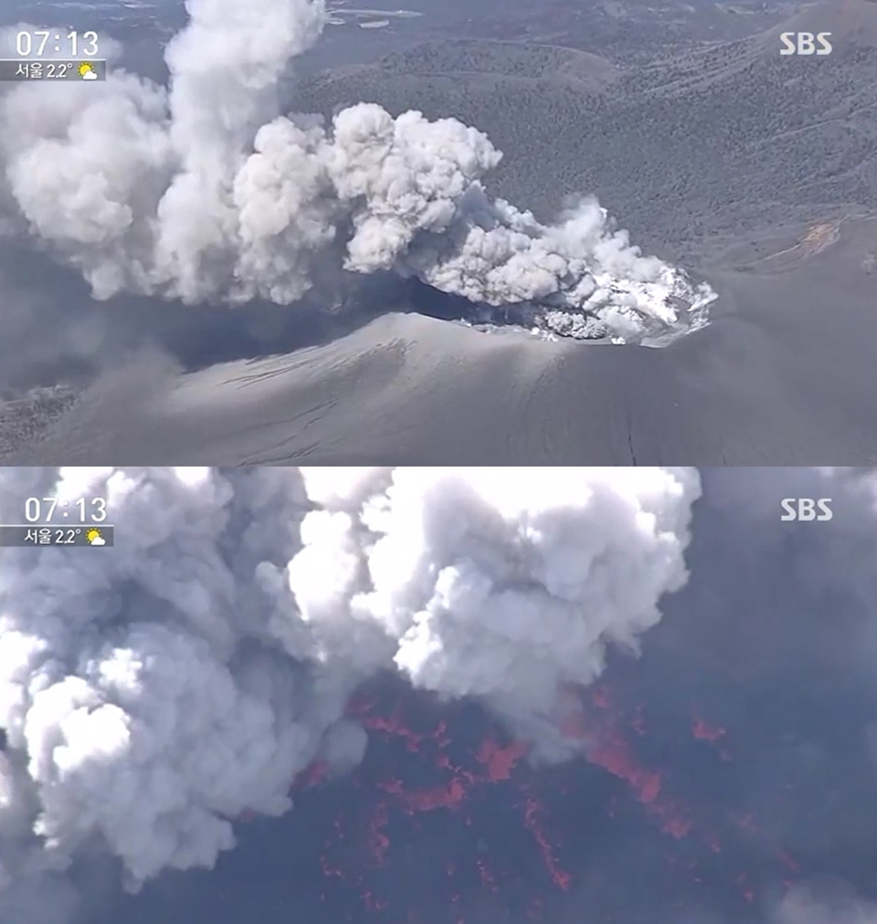 6일 오후 일본의 가장 남쪽에 위치한 규슈 섬의 신모에다케 화산이 분화했으며, 연기가 분화구에서 최대 2천 300m까지 치솟았던 것으로 알려졌다. (사진=SBS뉴스 캡쳐)