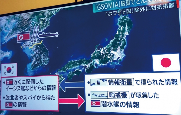 한국의 GSOMIA 파기 보도와 한일간 군사정보교류내용을 설명하는 일본 방송.
