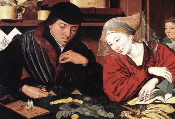 환전상과 그의 아내(1539), 마리누스 판 라이메르스발(1490~1546)작, 판자에 유채, 83 x 97 cm, 프라도 박물관, 마드리드