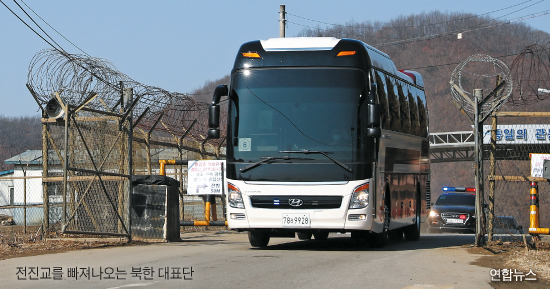 전진교를 통해 넘어오는 김영철 일행의 버스. / 연합