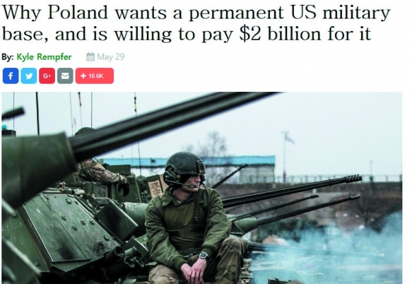미국의 영구주둔을 위해 20억 달러를 내놓겠다는 폴란드 관련 기사 / Army Times 캡쳐