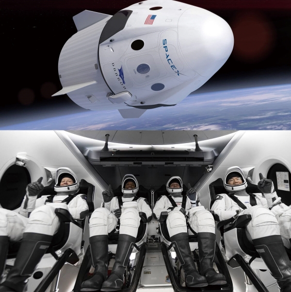 SPACE X 캡슐과 승무원들. 민간인의 우주여행 시대를 열었다는 평가를 받는다.